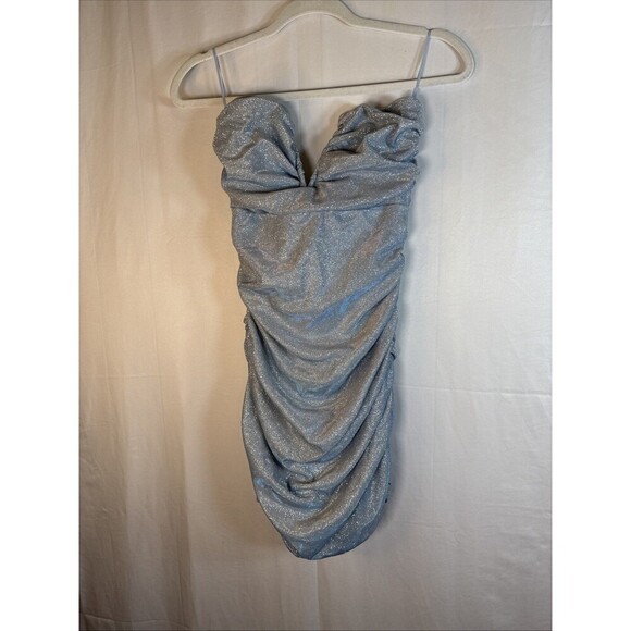 Fashion Nova Strapless Blue Silver Ruched Dress Size Large Preowned - Picture 1 of 11